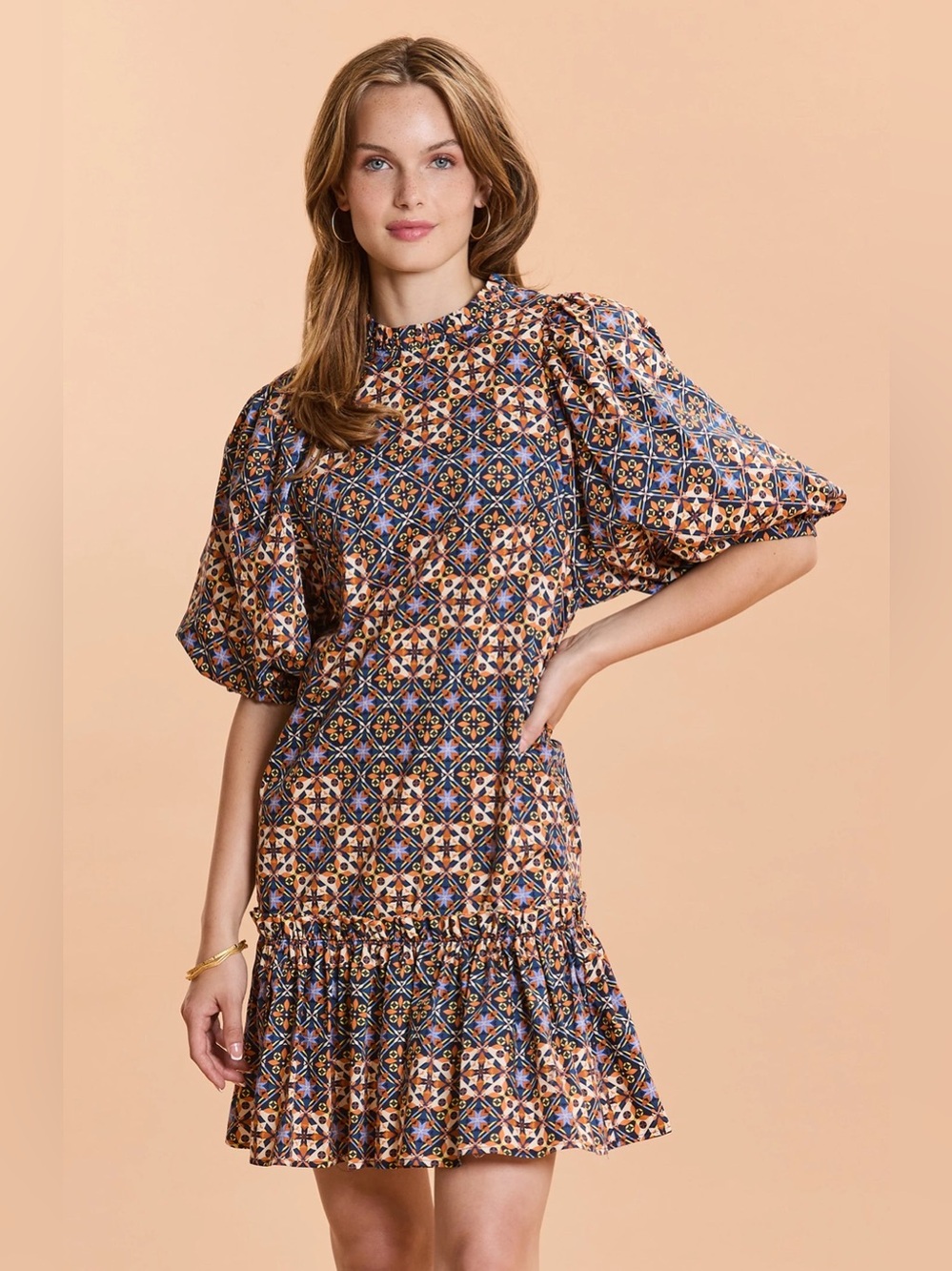 Tyler Boe Sammy Cotton Mosaic Print Skimmer Shift Dress Size Small Ruffle Neck